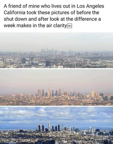 three images of LA showing the clearing of polluted skies